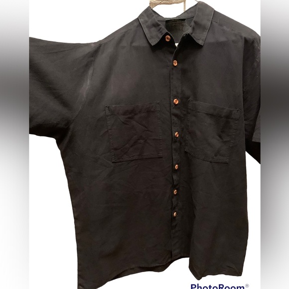 Cotton Palm SZ SM black men’s button down short sleeve shirt wood buttons casual - Picture 1 of 6